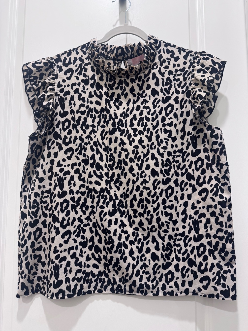 Leopard Print Ruffle Sleeve Blouse - Black & Cream